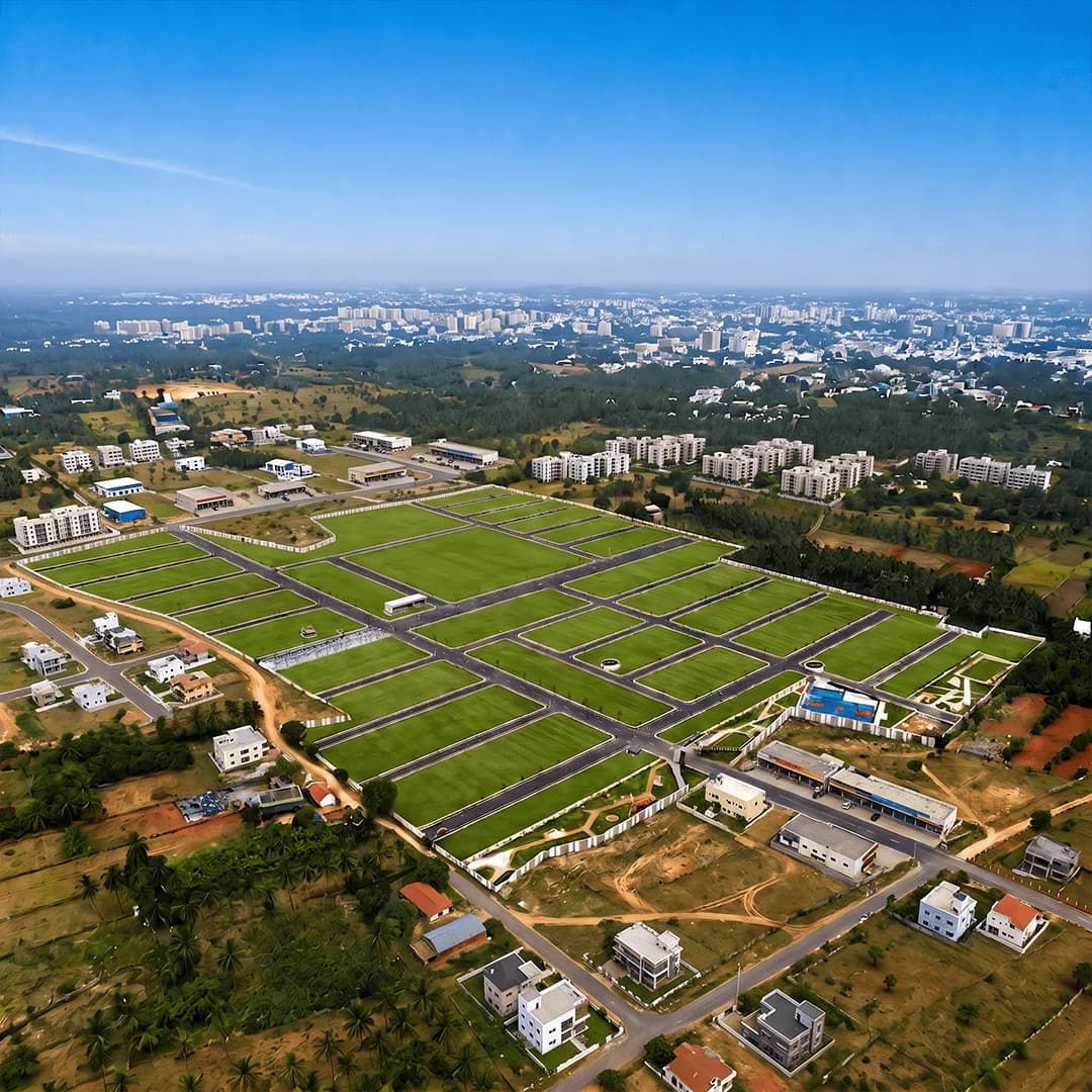 Aerial view of the 33-acre Brickland Platinum gated community of villa plots at Mathampalayam, Coimbatore