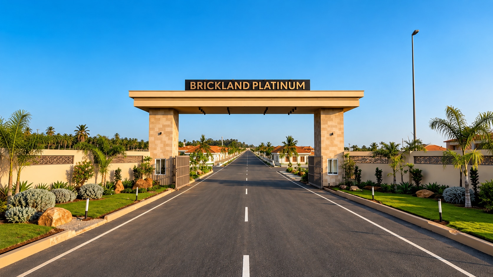 The sandstone entrance arch of the Brickland Platinum gated community on Mettupalayam Road, Coimbatore