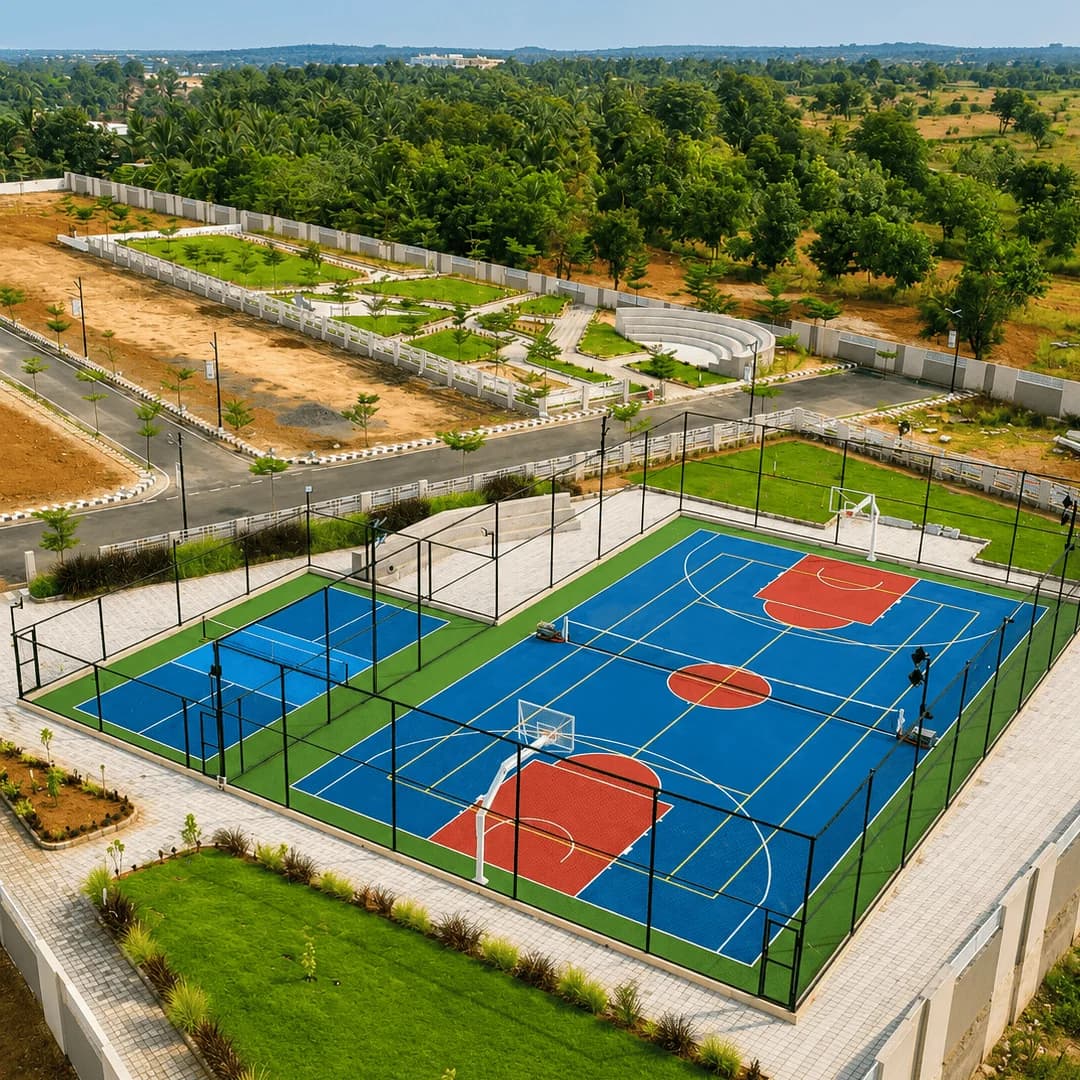 Aerial view of the basketball and pickleball courts inside the Brickland Platinum gated community, Coimbatore