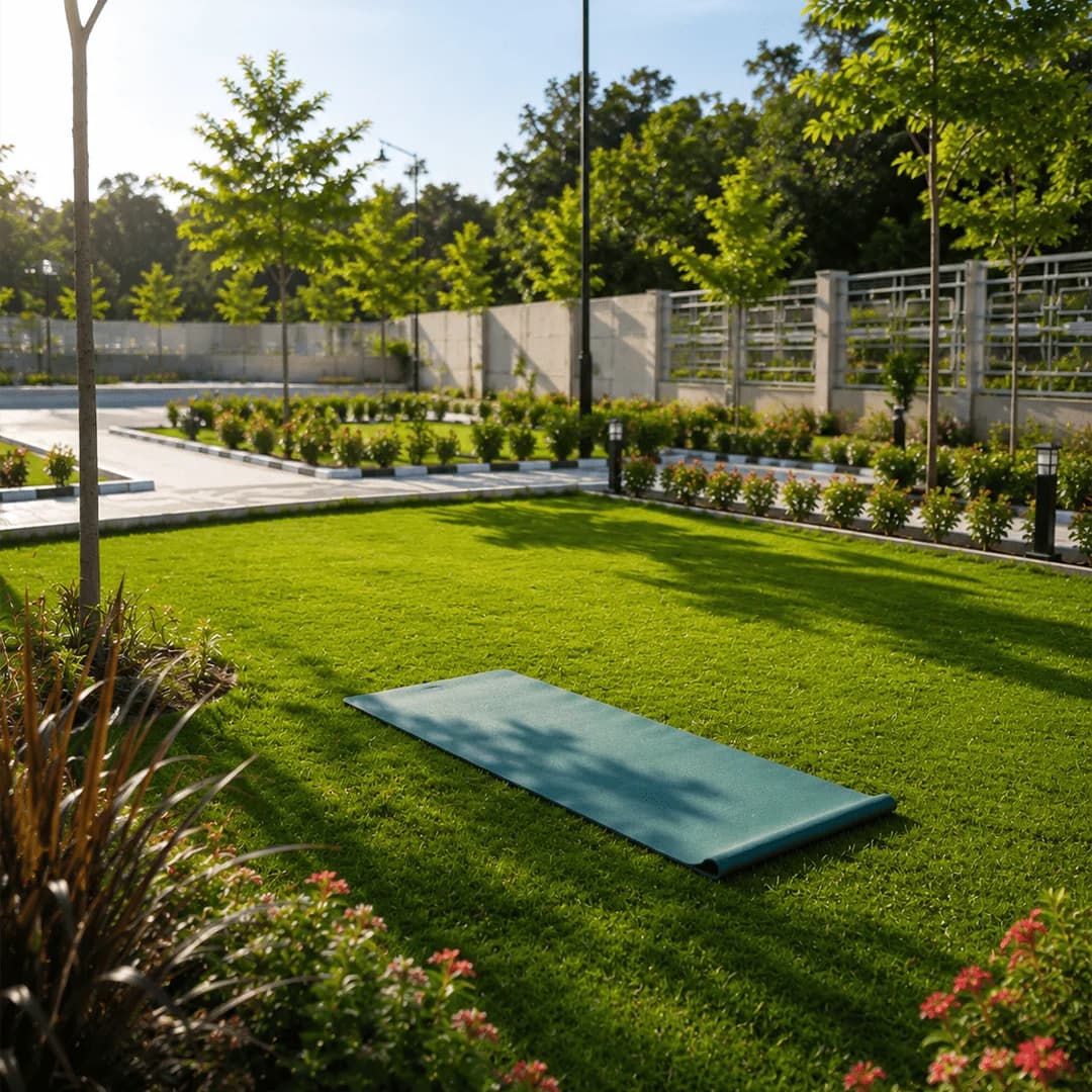 A yoga mat on the quiet meditation lawn at the Brickland Platinum gated community